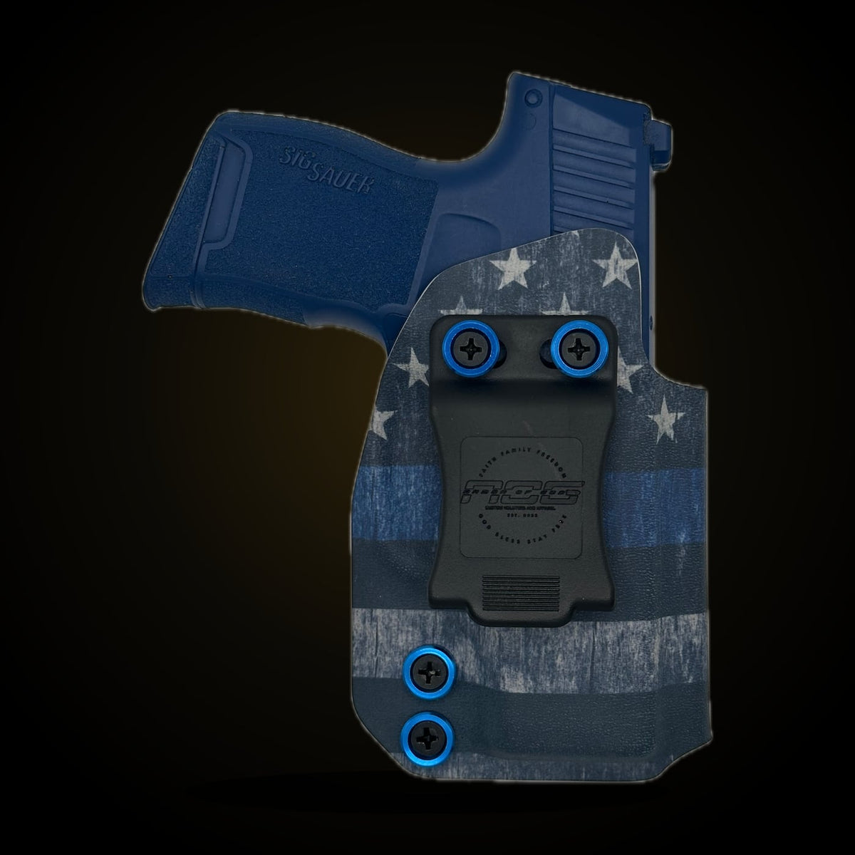 Kydex IWB holster in a Thin Blue Line design with blue finishing washers