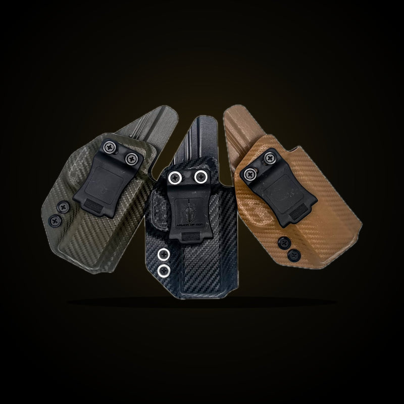 Three carbon fiber Kydex IWB holsters in OD green, black and coyote