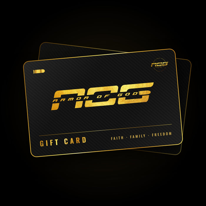 Armor Of God Tactical Supply Co. gift card in black and gold