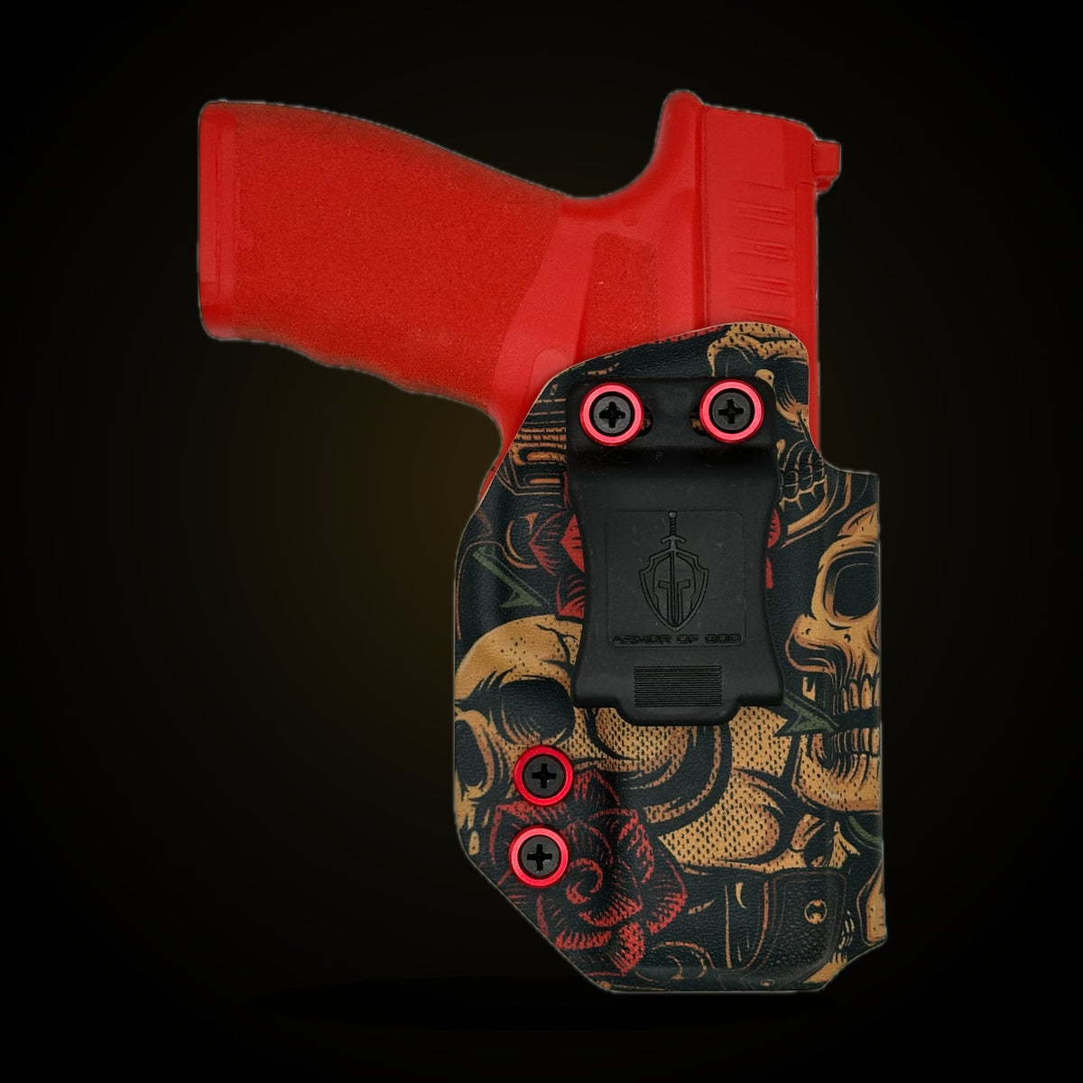 Springfield Hellcat Pro IWB holster in Skulls and Roses, custom Kydex by Armor Of God