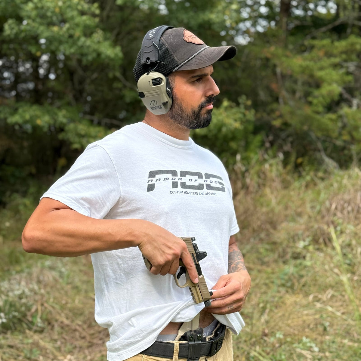 White AOG shirt worn on the range