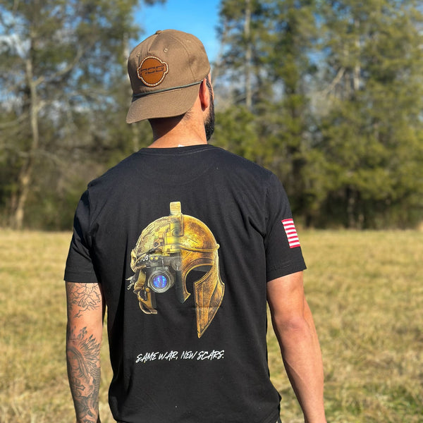 Same War, New Scars Spartan Helmet shirt back print worn outdoors