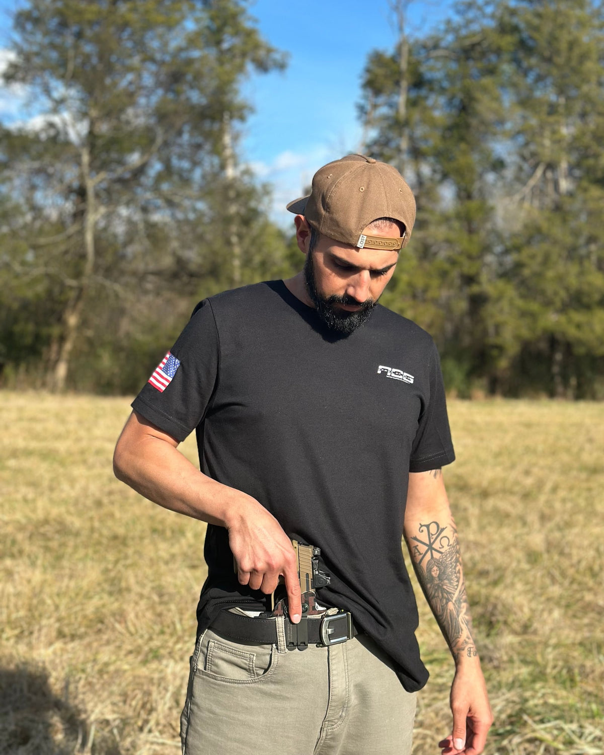 Same War, New Scars shirt front with flag sleeve worn on the range