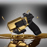 Gold Kydex IWB holster on a Springfield Hellcat Pro with an optic